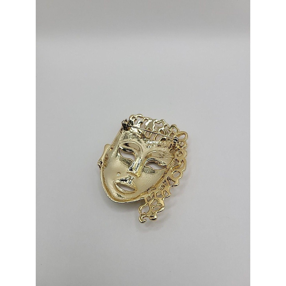 Vintage Gold Tone Drama Mask Brooch pin Rhinestone Beauty Mark Theatrical Face - Picture 9 of 10